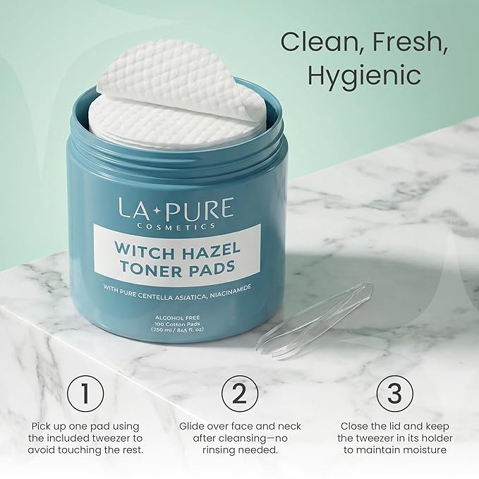 La Pure Korean Toner Pads With Witch Hazel - 100 Ct | Hydrating, Exfoliating Pads & Pore Care Korean Skincare - Gentle, Alcohol-Free, with Glycerin and Centella for Sensitive Skin by La Pure Cosmetics