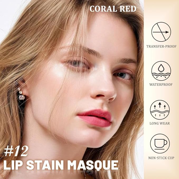 JUAAZIN Peel Off Lip Stain Tattoo with Tweezer - Coral Red Matte Lip Tint, Long Lasting Waterproof Transfer-Proof Liquid Lip Stain, Cruelty-Free Lip Masque for All Skin Types, Valentine's Day Gift 12#