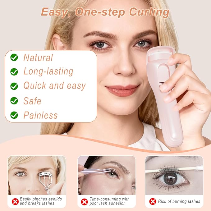 Lilonthy Heated Eyelash Curler, Type-C Rechargeable with 3 Temp Settings & Safe Silicone Pad for Natural Curls, Travel-Friendly (Pink)