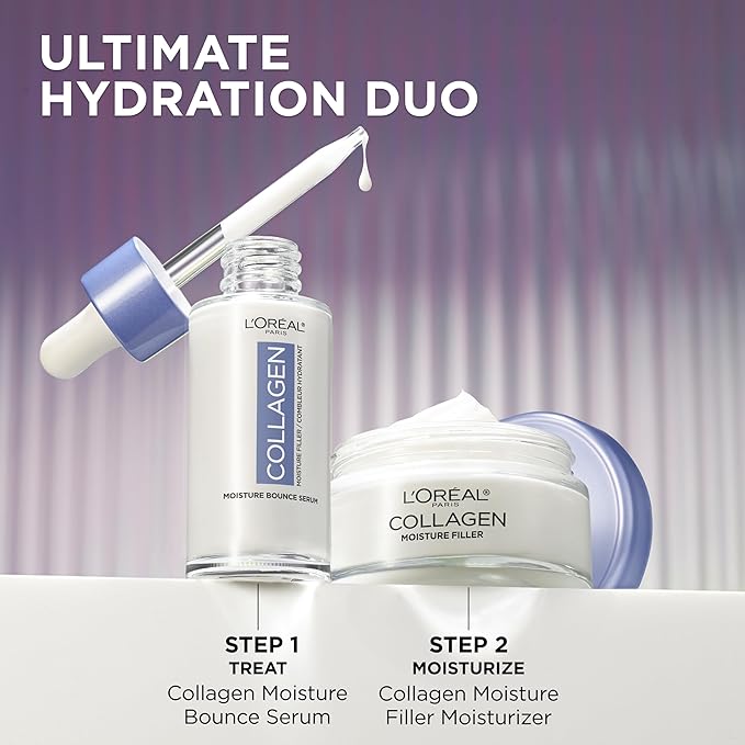 L'Oreal Paris Collagen Moisture Filler Moisture Bounce Face Serum, Glow Serum with Collagen, Glycerin, and Squalane for Bouncy, Radiant, Hydrated Skin