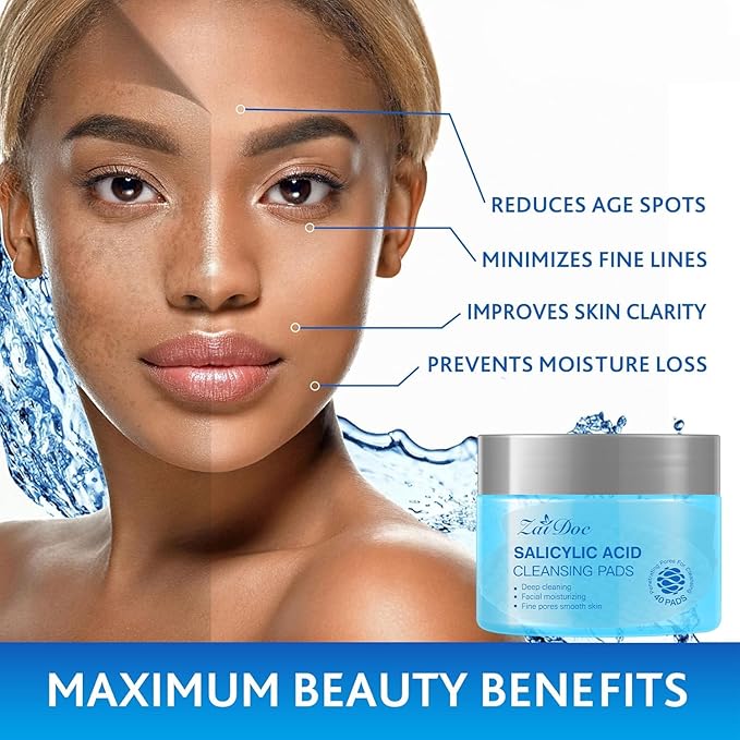 Salicylic Acid Remover Wipes, Exfoliating Face Cleansing Pads with Witch Hazel & Vitamin C for Hydrating & Calming for Sensitive Skin, 40ct