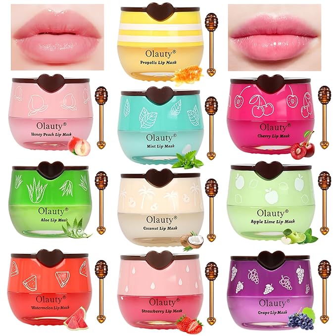 10 PCS Bee Lip Balm Honey Pot-Strawberry,Watermelon,Apple Lime,Cherry,Mint,Aloe Vera,Grapes,Coconut&Peach Flavors Honey Lip Overnight Lip Balm Bulk,Moisturizing Lip Mask &Preventing Dry,Cracked Lips