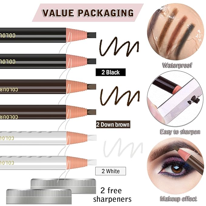 KAIQIKAIXI 6Pcs Multicolor Waterproof Eyebrow Pencils Makeup Set For Marking, Filling And Outlining, Tattoo Makeup And Microblading Supplies Kit-Hard Refills Are Easy To Color (Multicolor)
