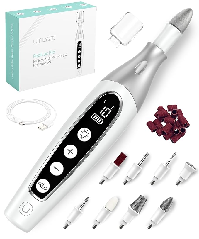 PediLux Pro Professional Manicure Pedicure Kit, Cordless Electric Nail File Drill Set, Thick Toenail Grinder, Toe Nail Dremel Tools, Filer, Buffer, Sander, Remove Cuticles, Callus for Men & Women