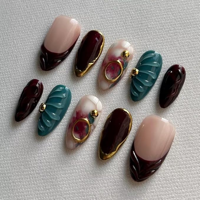 MAGLFELL Fall Press On Nails - Handmade GEL Medium Length Almond Fake Nails, Brown Rendering Painting Design, Reusable Artificial Almond False Nails for Women 10 Pcs Acrylic Nails Kit (Size S)