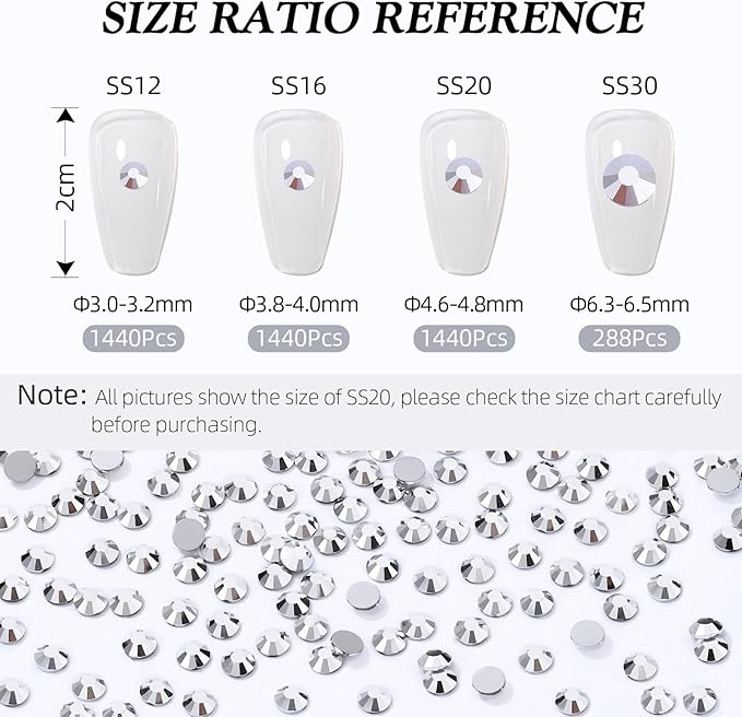 Meibite Silver Flatback Rhinestones, Glass Rhinestones for Nail Art and Craft, Glue Fix, Loose Crystal Gemstones(Silver, SS12, 1440pcs, 2.9-3.0mm)