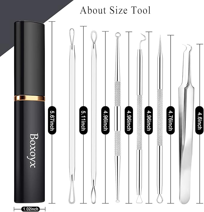 Boxoyx Pimple Popper Tool Kit - 6 Pcs Blackhead Remover Comedone Extractor Tool Kit with Metal Case for Quick and Easy Removal of Pimples, Blackheads, Zit Removing, Forehead, Facial and Nose(Silver)