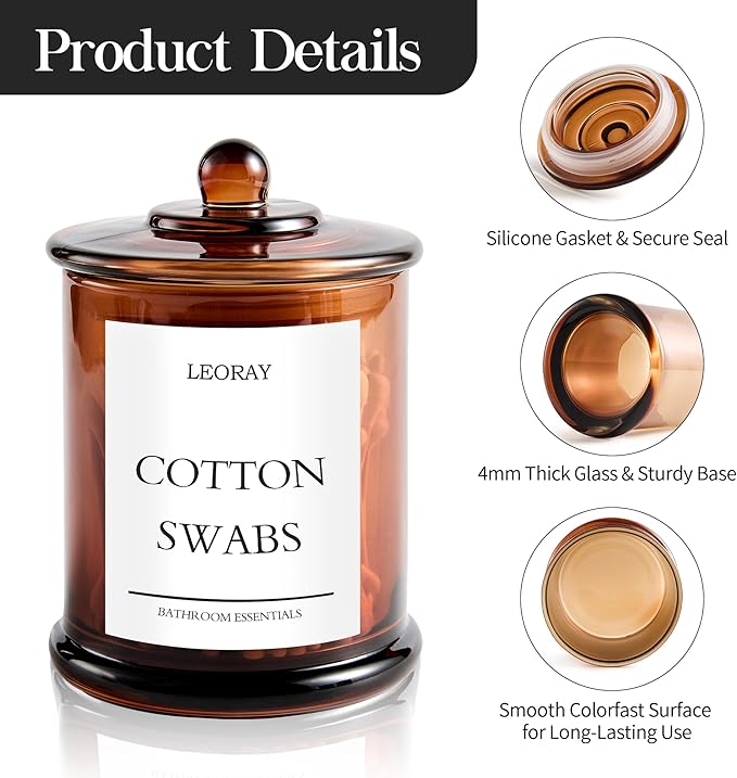3 Pack Glass Qtip Holder Dispenser with Lids, Airtight Waterproof, 16 Oz Vanity Organizer Bathroom Canisters for Cotton Swabs, Balls, Pads, Floss Picks, Restroom Bedroom Kitchen Storage Jars, Amber