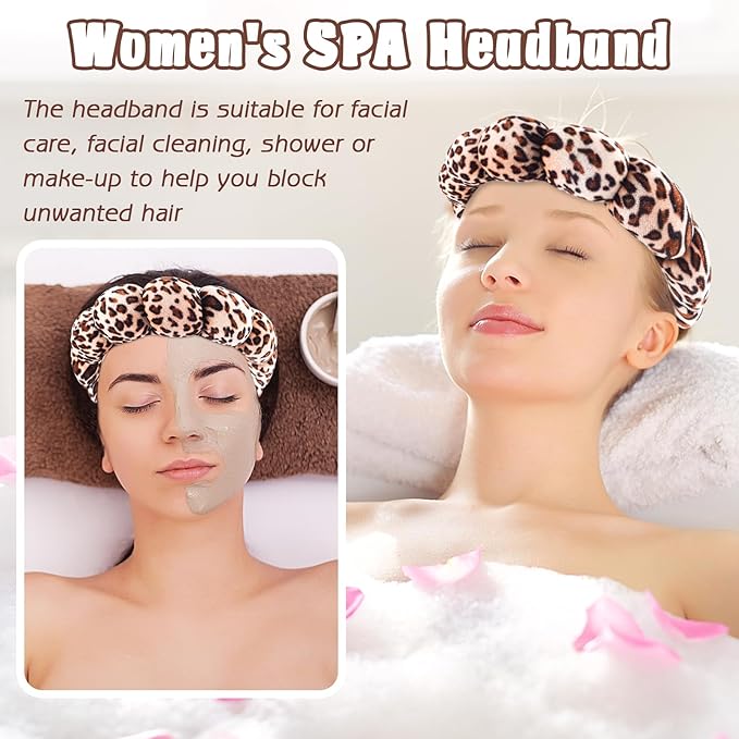 Zkptops Spa Headband for Washing Face Wristband Set Sponge Makeup Skincare Velvet Fabric Bubble Soft Get Ready Hairband for Women Girl Puffy Padded Headwear Non Slip Thick Hair Accessory(Leopard 1)
