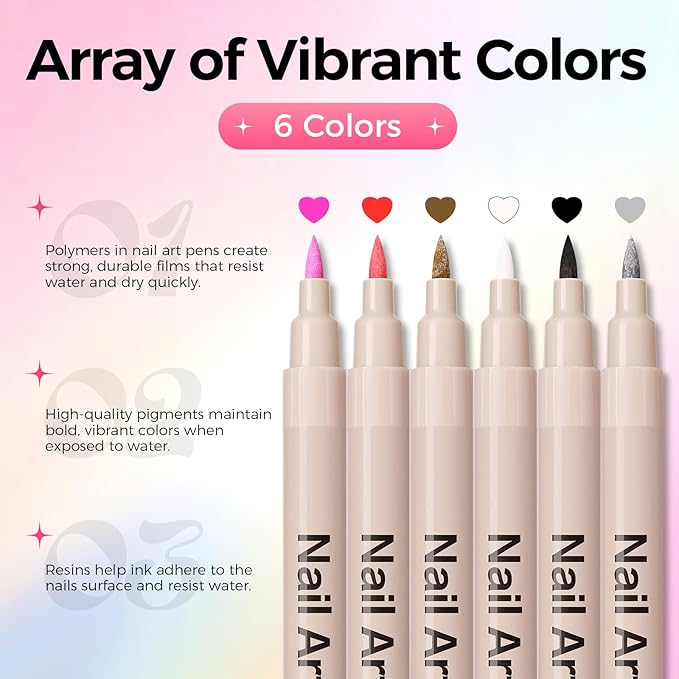 GELLAKTIK 6 Colors Nail Art Pens Set, 3D Nail Polish Pens Quick-Drying Acrylic Paint Markers, Dotting Liner Brush for DIY Nail Design, Home & Salon Manicure Tools