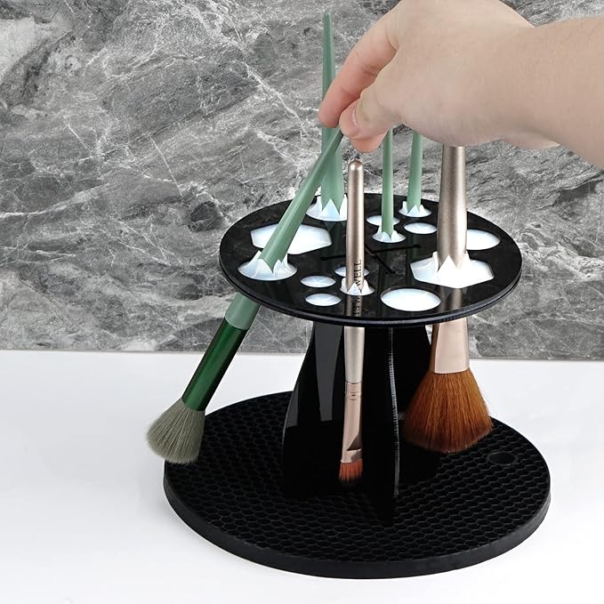 14 Hole Makeup Brush Drying Rack with Mat, Detachable Acrylic Makeup Brush Holder, Air Tree Tower Stand Organizer Tray (Black)