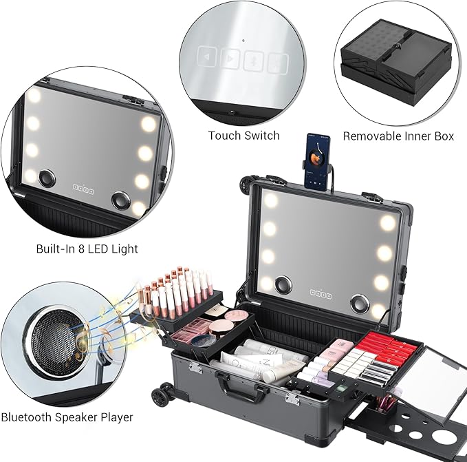 Rolling Makeup Train Case with Lighted Mirror and Bluetooth Speaker Professional Cosmetic Organizer Case with Wheels, Stands Portable Makup Station Vanity for Travel (Gray, Medium)