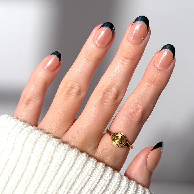 Glamnetic Press On Nails - Onyx Glaze | Short Round Black French Tip Fake Nails, Salon Quality French Manicure | 12 Sizes - 30 Nail Kit with Glue