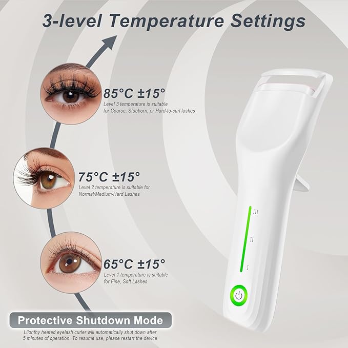 Lilonthy Heated Eyelash Curler, Type-C Rechargeable with 3 Temp Settings & Safe Silicone Pad for Natural Curls, Travel-Friendly (White)