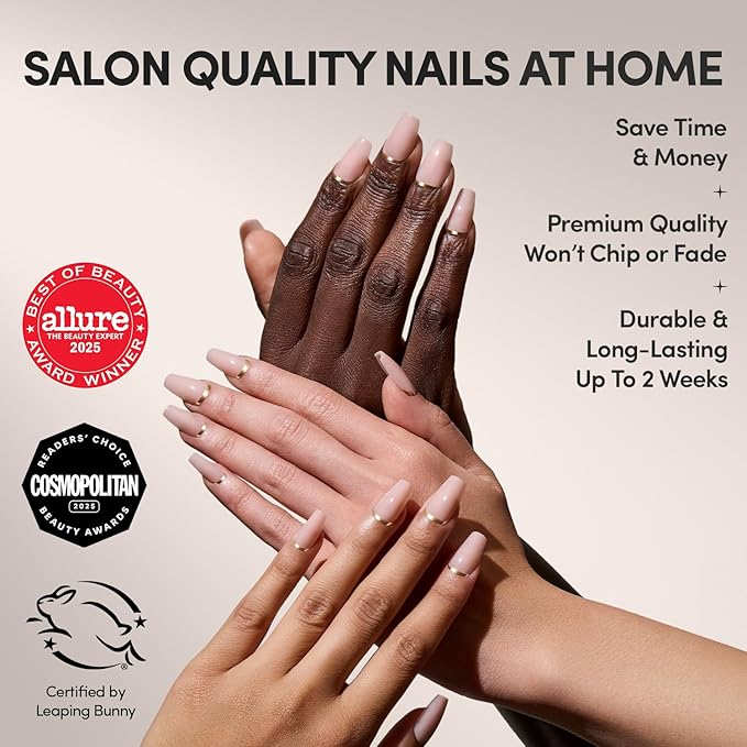 Glamnetic Press On Nails - Gold Goals | Medium Coffin Neutral Fake Nails with Gold Reverse French Tip, Salon Quality Nude Nails | 15 Sizes - 30 Nail Kit with Glue