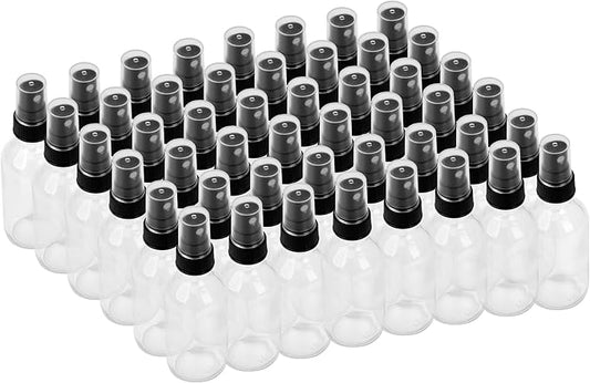 BILLIONSTARS 48 Pack 2oz Glass Boston Round Bottle with Fine Mist Sprayer - Clear - Essential Oils, Bath, Beauty, Hair & Cleaning - Leakproof Travel Bottles