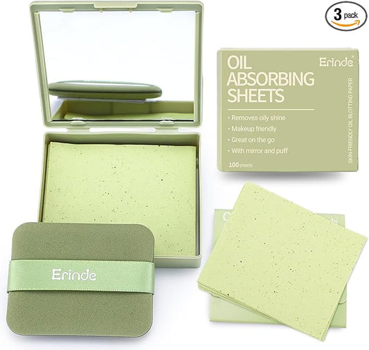 Erinde Oil Blotting Sheets for Face with Mirror and Puff, 300 Sheets Oil Blotting Paper for Oily Skin, Face Oil Absorbing Sheet, Natural Oil Control Film, Absorb Excess Oil, Makeup Friendly