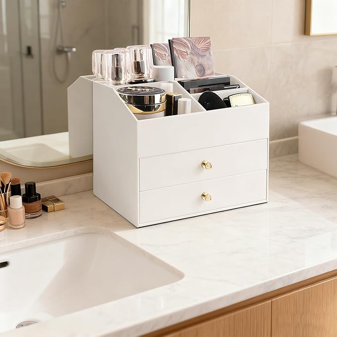 Homeanda Makeup Organizer with Drawers, PU Leather Cosmetic Storage Box Large Cosmetic Display Case for Skincare, Lipstick, Brushes, Bedroom Storage(White)