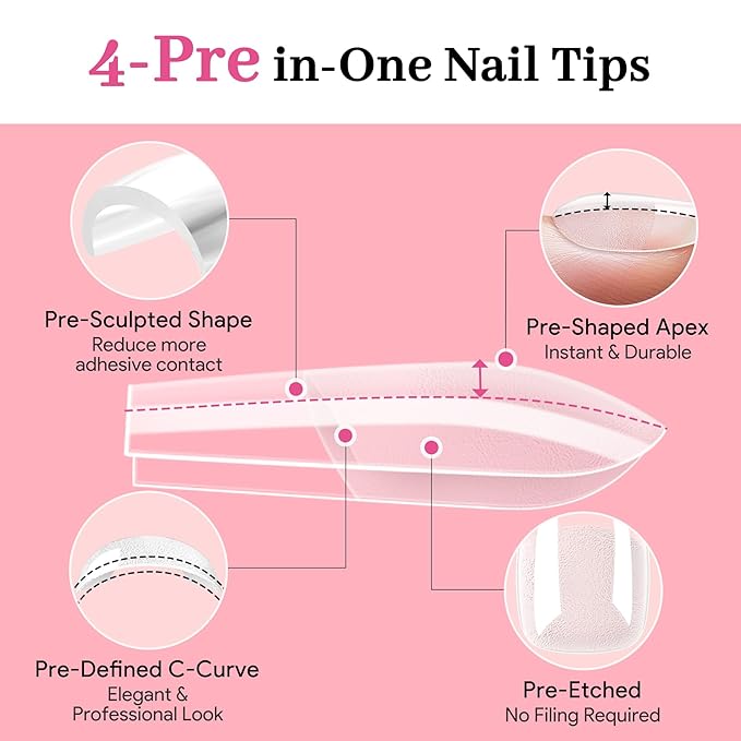 Qiek Medium Square Pre-Building Nail Tips Kit, 15 Sizes 240 PCS Pre-shaped Apex Clear Thick Extensions Tip Soft Half Matte Press On Fake Nails Glue Gel Nail Lamp for DIY Beginners & Salon Manicure