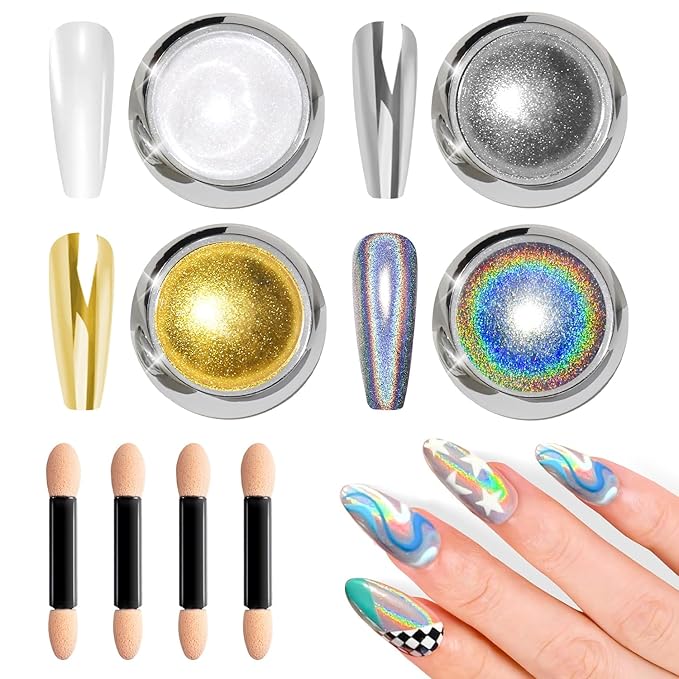 BISHENGYF Gold Chrome Nail Powder - Sparkly Laser Holographic Nail Powder Metallic Mirror Effect Silver Nail Chrome POwder, White Pearl Pigment Holo Iridescent Glitter Dust Kit, Nail Art Decoration