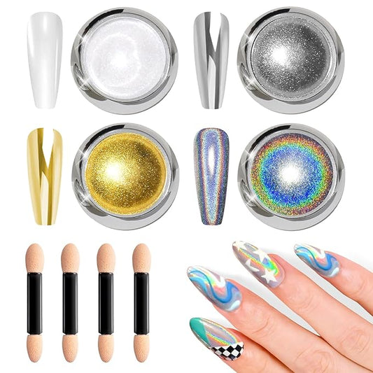 BISHENGYF Gold Chrome Nail Powder - Sparkly Laser Holographic Nail Powder Metallic Mirror Effect Silver Nail Chrome POwder, White Pearl Pigment Holo Iridescent Glitter Dust Kit, Nail Art Decoration