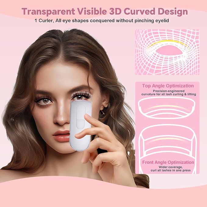 Transparent Heated Eyelash Curler, Electric Eye Lash Curler 10S Fast Heat 24Hrs Long Lasting, Portable Travel Natural C Curl Lashes Type-C Rechargeable Eyelash Curlers (White)