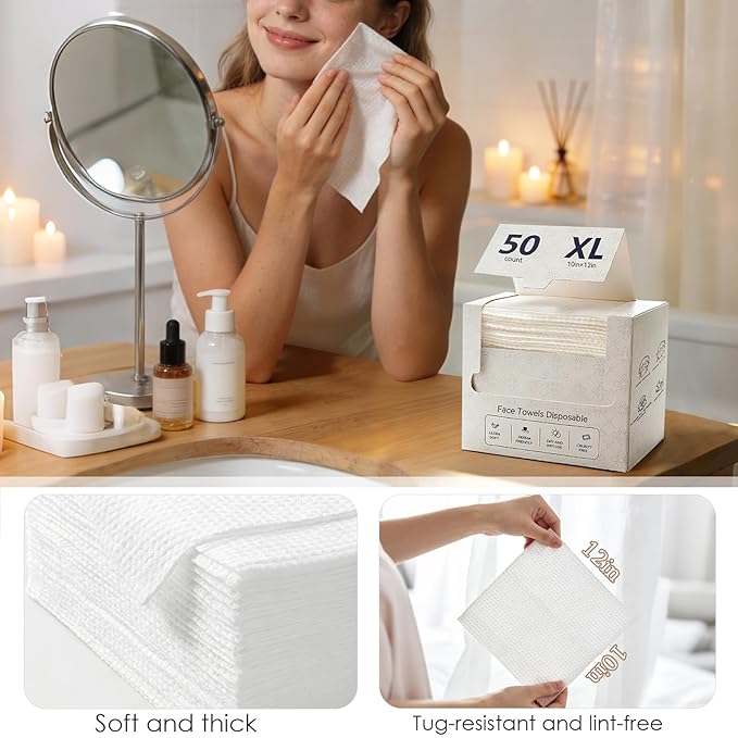 Lyun Cloudlet Disposable Face Towels XL, 10"x12" Ultra Soft & Thick Dry Wipes, Makeup Remover & Facial Cleansing Towels for Sensitive Skin, 50 Count, 1 Pack