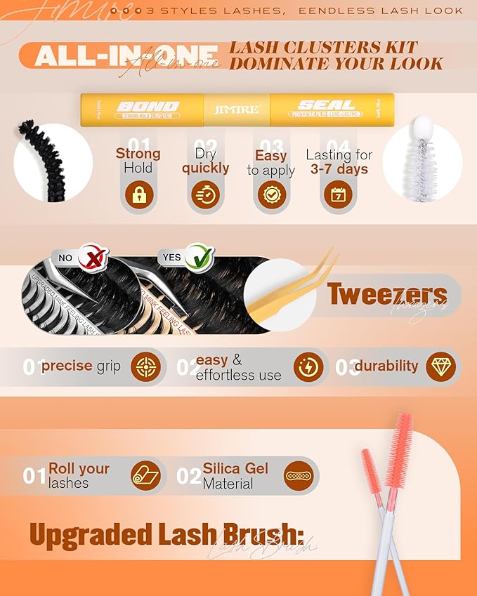 JIMIRE Lash Clusters Kit Volume Lash Extension Kit 296Pcs 120D Cluster Eyelash Extensions with Bottom Lashes and Spikes D Curl Eyelash Extension Kit with Lash Bond and Seal