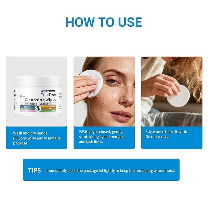 60 Pcs Tea Tree Oil Eyelid & Lash & Face Cleansing Wipes l Eyelid Pads For People Blepharitis & Chalazion & DryEyes & Stye Eye Treatment, Eyelash Makeup Remover & Daily Eye Lid Pads, Cleaning Wipes