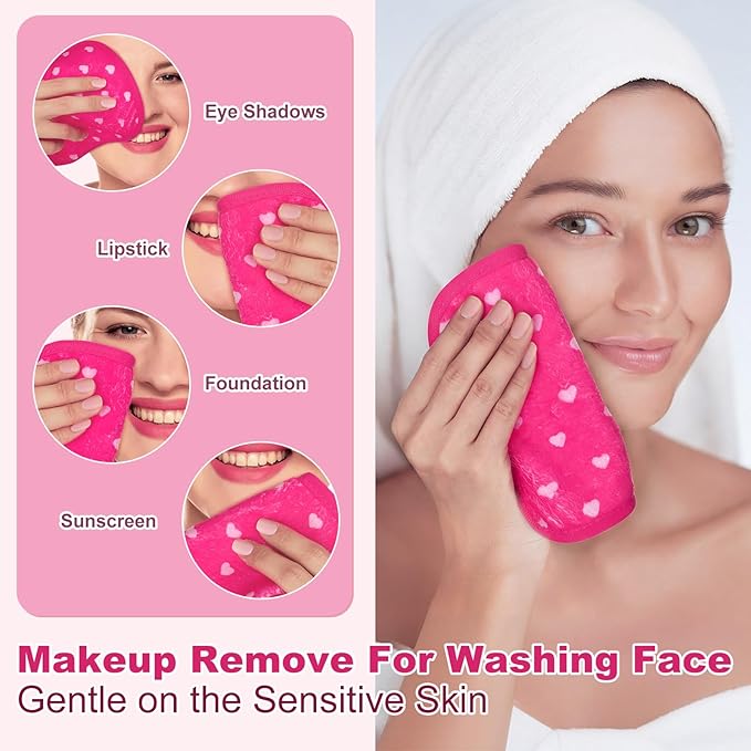 Frienda 24 Pcs Galentines' Valentines' Day Heart Makeup Remover Cloth 6" x 6" Towels Reusable Washable Remover Pads Soft Microfiber Washcloths Facial Cloths Makeup Towel Galentines' Gifts for Women