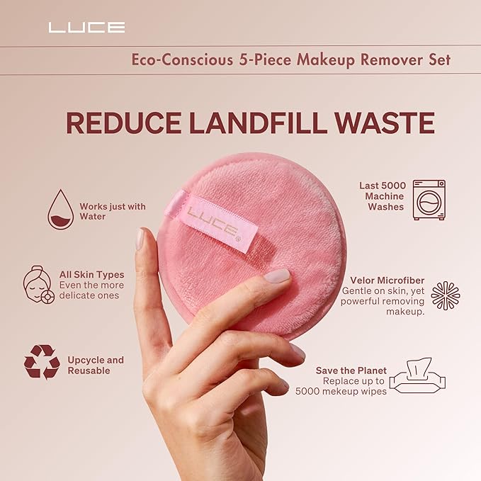 LUCE Lazy Eraser Makeup Remover Pads - Reusable Makeup Remover Pads (Pink, 5-Pack)