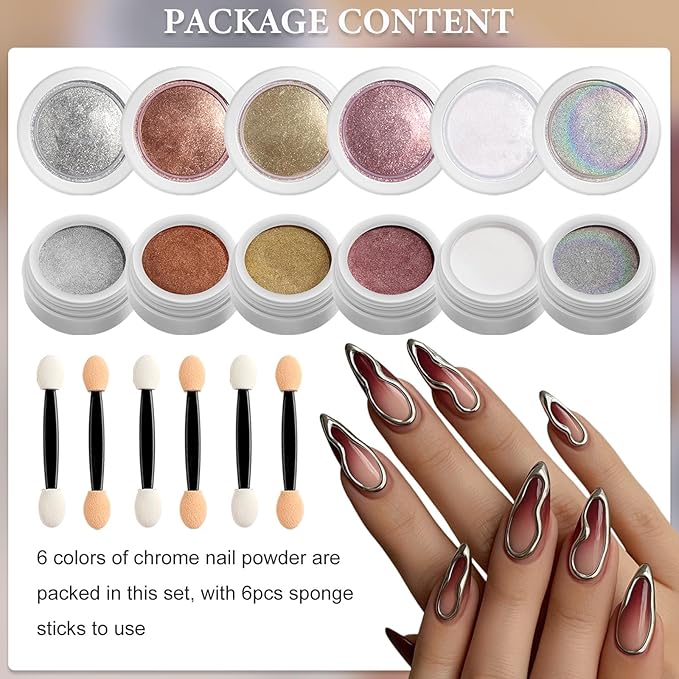 SUTOKAKA 6 Jars Chrome Nail Powder Iridescent Aurora Metallic Mirror Effect Nail Chrome Glitter Pearlescent Mermaid Pigment Rub on Dust for Manicure Home Salon
