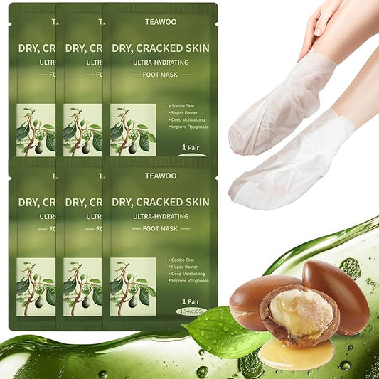 TEAWOO 6 Pairs Moisturizing Foot Masks with Shea Butter, Jojoba Oil, Vitamin E & Urea, 6 Pairs Intensely Hydrating Foot Mask For Dry Cracked Feet, Moisturizing Socks for Cracked Heel Treatment