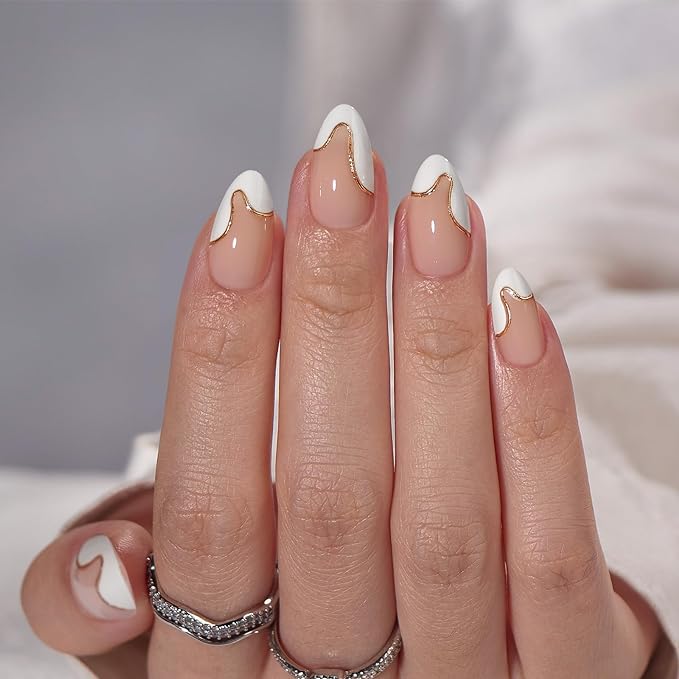BTArtbox Press On Nails Almond - Designed White French Tip Press On Nails Short with Gold Foil, Glue On Nails for Winter Day Gifts, Stick On Nails in 16 Sizes - 30 Nail Kit, Tiny Gloden