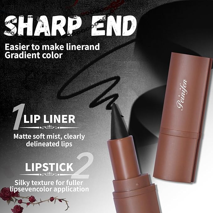 HOSAILY 3 Colors 2 in 1 Gothic Lip Liner Set, Matte Dark Brown Red Black Lip Liner Plumping Smooth Creamy Lip Pencil, High Pigmented Long lasting Lip Stain Lipstick Goth Halloween Makeup, 06+07+08