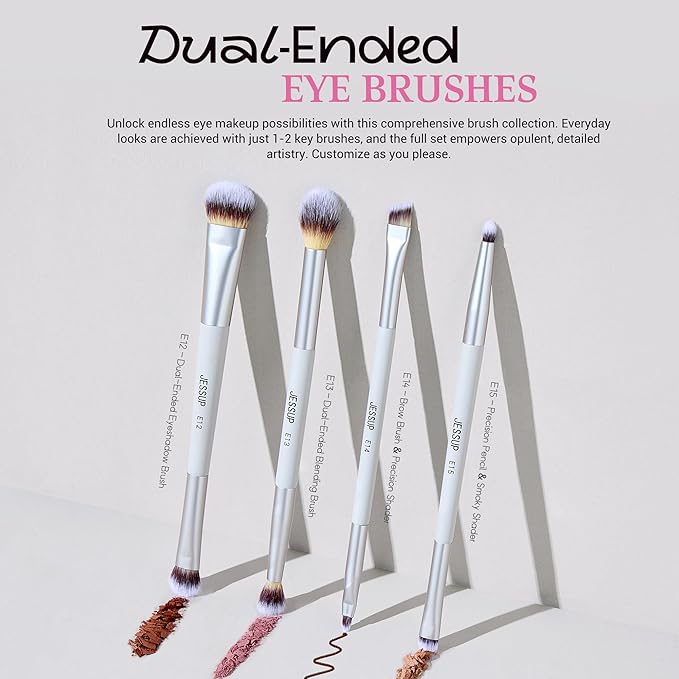 Jessup Makeup Brushes Set 7pcs Dual Ended Makeup Brush Premium Synthetic Foundation Contour Blush Highlight Blending Eyebrow Eyeshadow Shader Concealer Brush with Bag, Quiet Gray T520
