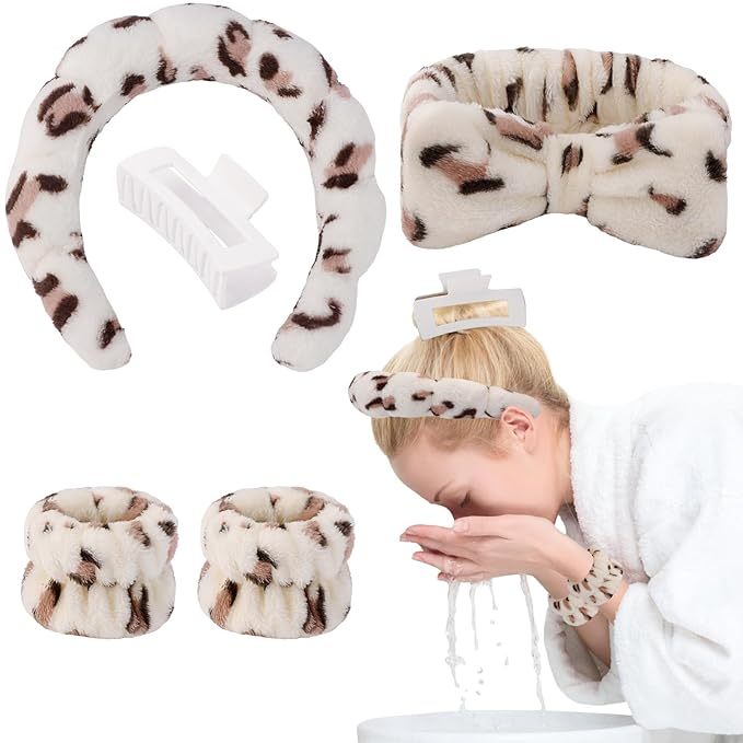 Canitor Spa Headband Wrist Bands with Hair Clips Leopard Print Makeup Skincare for Washing Face Skin Care Preppy Teen Girl Gifts Cute Trendy Stuff Hair Accessories for Women
