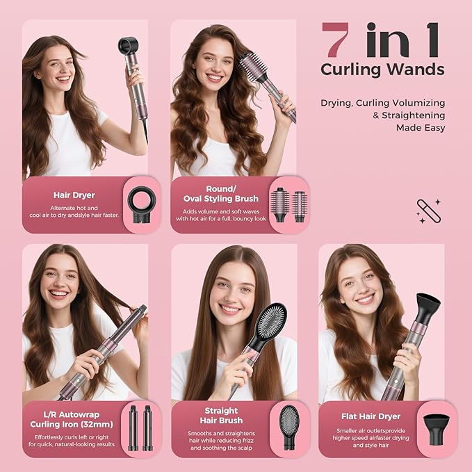 Vincofy 7-in-1 Hair Dryer Brush Blow Dryer, Hot Air Brush Styler with Travel Bag– Fast Drying, Curling, Straightening & Volumizing – 1500W High-Speed Motor 110,000 RPM – All Hair Types – Pink