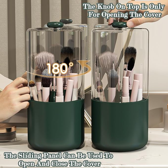 Zufudo Makeup Brush Holder with Dustproof Cover, Clear 360 Rotating Make Up Brushes Organizer for Counter Vanity Bathroom, Olive Green