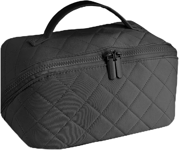 Travel Makeup Bag for Women - Puffy Padded Make Up Bags, Lay-Flat Water-Resistant Cosmetic Case, Large Capacity Cosmetic Bag for Travel Storage of Toiletries and Makeup Brushes (Black)