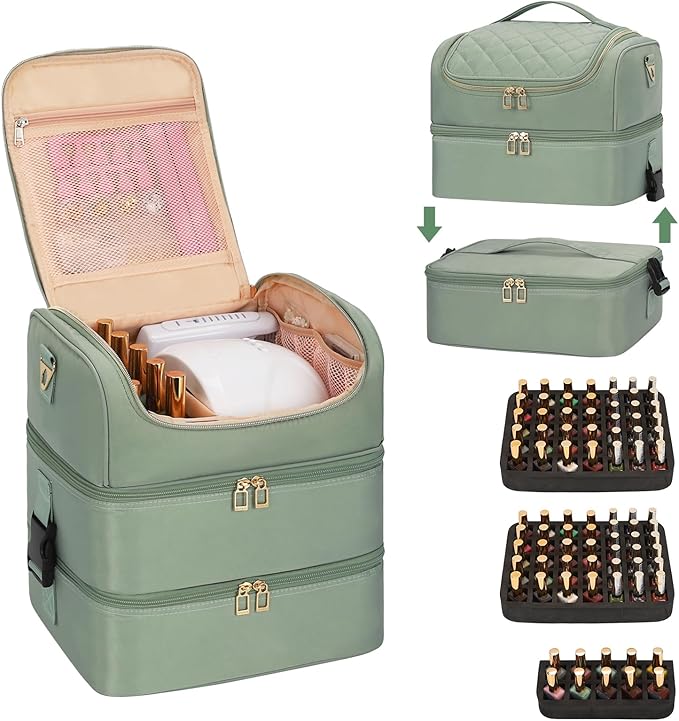 Extra Large Nail Polish Organizer - Three Layer Nail Organizers And Storage Bag, Portable Nail Supplies Organizer Case, Nail Tech Kit Travel Carrying Box with Shoulder Strap (Green, 86 Slots)