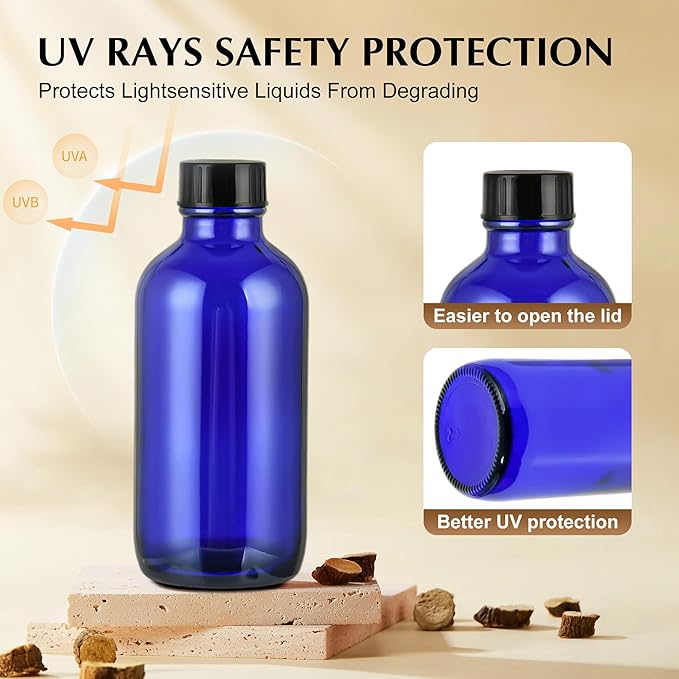 Exlvanto Small Glass Bottles with Lids Boston Round Shot Bottles for Health, Immunity, Ginger Juice, Essential Oils, Potion - Leak Proof Mini Travel Containers (Blue UV, 4oz-24Pack)