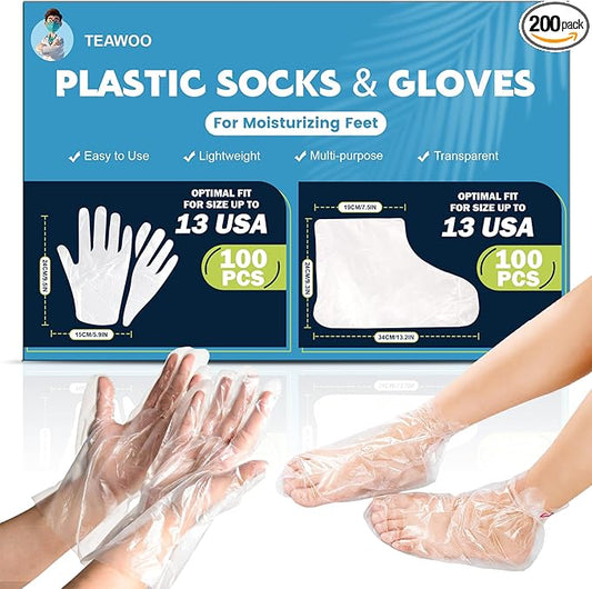TEAWOO 200PCS Disposable Hand & Foot Mask Set, 100P Hand Masks + 100P Foot Masks with Stickers, Leak-Proof Moisturizing Covers for Paraffin Therapy & at-Home Skin Care (Feet Fit up to US 13)