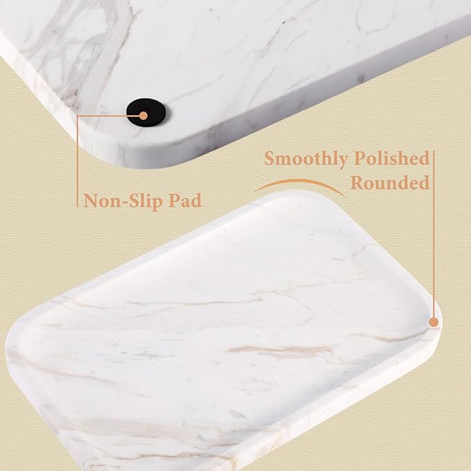Karibiber Marble Vanity Tray, Marble Bathroom Tray Countertop, Decorative Trays for Dresser Organizer, White Stone Storage Serving Trays for Kitchen, Perfume, Jewelry Cathall Holder