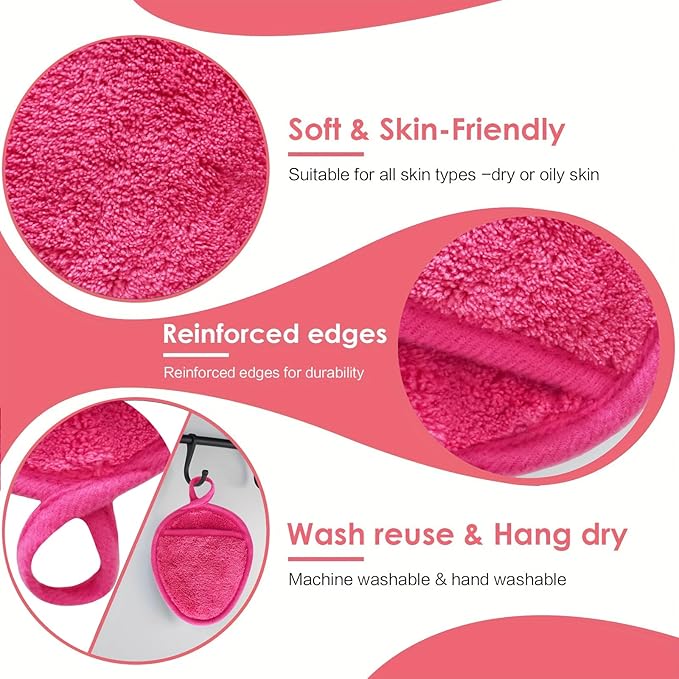 Reusable Makeup Remover Pads Soft Makeup Remover Cloths Washable Facial Makeup Cleansing Pads for Face,Lip,Eyes Pink 12PCS