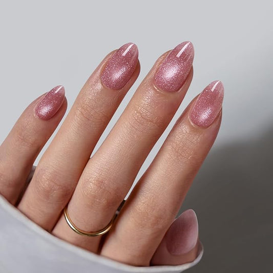 BTArtbox Press On Nails Short - Lamp-Curable Pink Cat Eye Almond Press On Nails with Glue for Women, Semi-Transparent Soft Gel Glue On Nails in 16 Sizes - 32 Stick On Nails Kit, Spring Charm