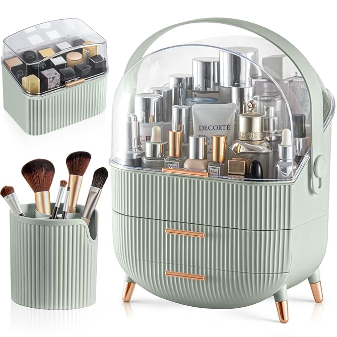 CANITORON Makeup Organizer,Skincare Organizer with 2 Drawers and Brush Storage Box,Lipstick Holder,Cosmetic Display Case for Vanity Organizer and Bathroom Countertop Storage.(Sage Green)