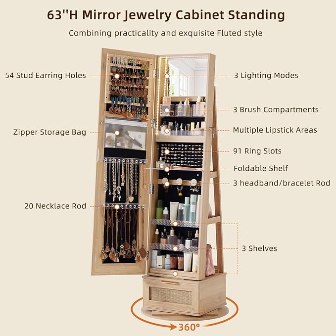 Rattan 360° Swivel Jewelry Armoire Cabinet Standing with Full Length Mirror, Lockable Jewelry Organizers and Drawer Storage with 3 Color LED Lights & Interior Mirror Rear Storage Shelves