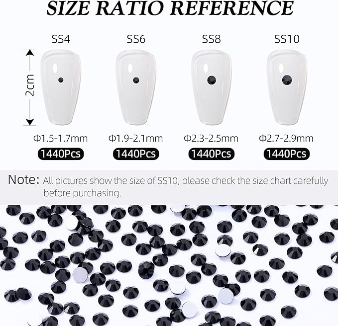 Meibite Black Flatback Rhinestones, Glass Rhinestones for Nail Art and Craft, Glue Fix, Loose Crystal Gemstones(Black, SS10, 1440pcs, 2.7-2.8mm)