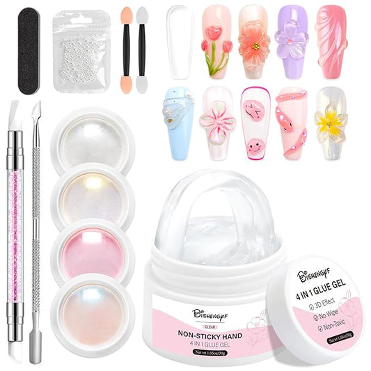 Chrome Nail Powder and Solid Builder Gel Kit BISHENGYF: 30g 4 In 1 No Wipe 3d Sculpting Nail Gel Aurora Pink White Pearl Chrome Nail Powder Clear Non-Sticky Hand Extension Glue for Nail Decoration